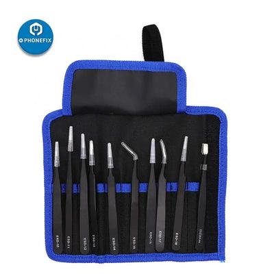 10pcs anti-magnetic ESD Tweezers Set Phone Repair Tools Canvas Bag