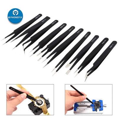 10pcs anti-magnetic ESD Tweezers Set Phone Repair Tools Canvas Bag