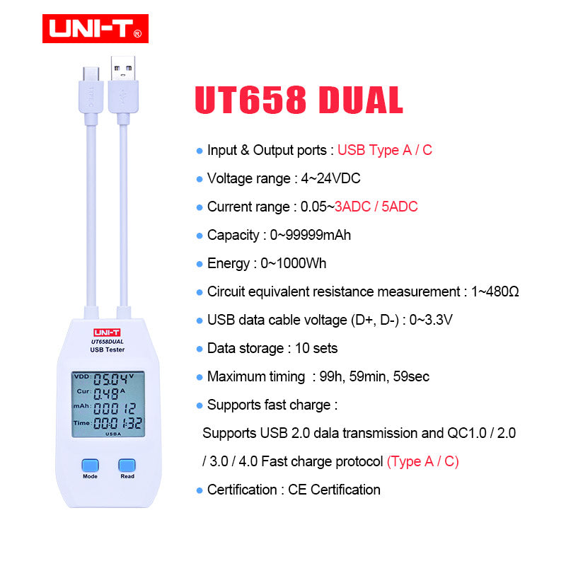 UT658 Dual Output Current Voltage Tester USB Voltmeter Power Meter