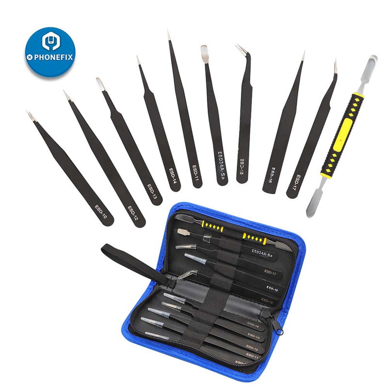 10pcs anti-magnetic ESD Tweezers Set Phone Repair Tools Canvas Bag