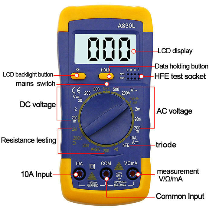 A830L Digital Multimeter AC DC OHM Volt Current Tester Mini meter