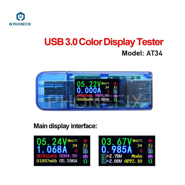AT34 USB 3.0 Color LCD USB Tester Mini multimeter Phone Repair assista