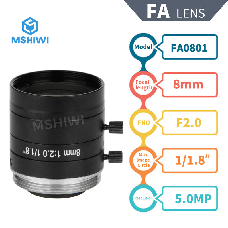 5MP FA Lens C Mount 8mm 1-1.8" F2.0 For Vision Inspection