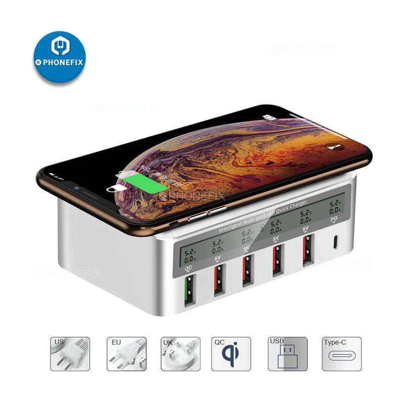 Multiport Quick USB Charger Station LCD Display Wireless Charging Hub